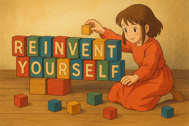 An anime-stule image showing a girl stacking blocks that say "Reinvent Yourself"